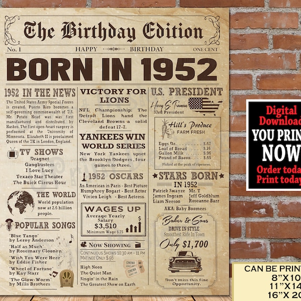 1952 Birthday Newspaper Poster Sign, 1952 Birthday, Years Ago Back in 1952, Authentic Old Newspaper Style, Instant Download