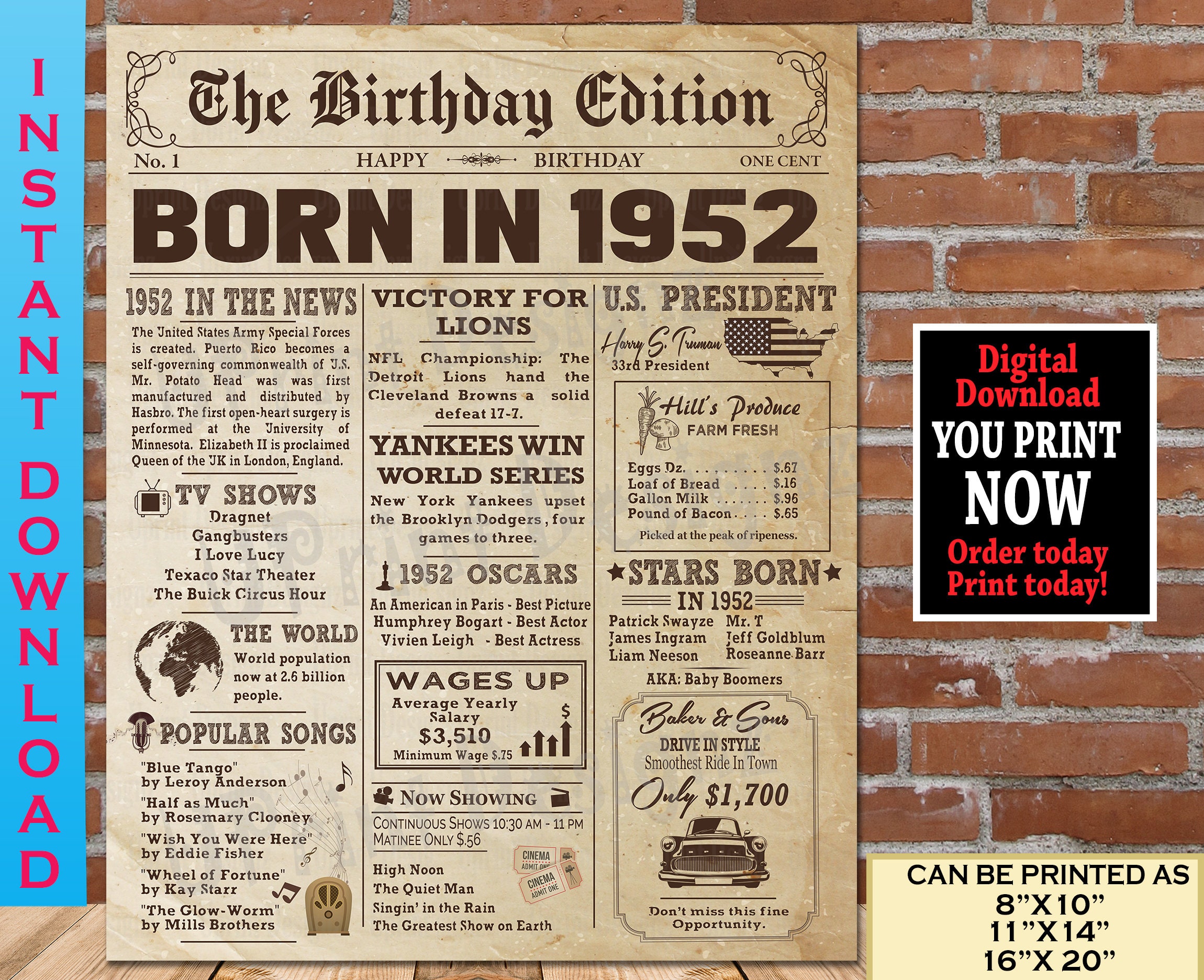 1952 Birthday Newspaper Poster Sign, 1952 Birthday, Years Ago Back in 1952,  Authentic Old Newspaper Style, Instant Download - Etsy