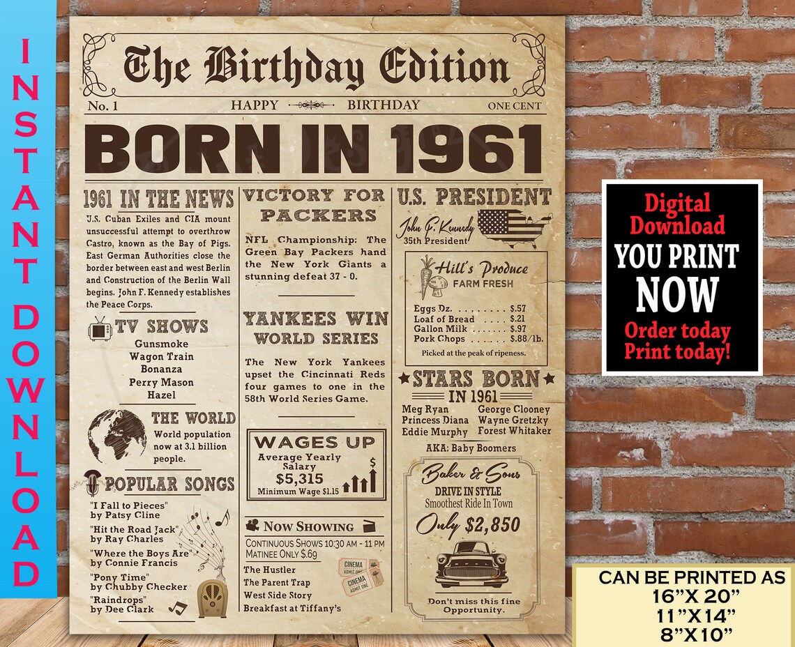60. Geburtstag Zeitung Poster 60. Geburtstag Zeichen 1961 Etsy