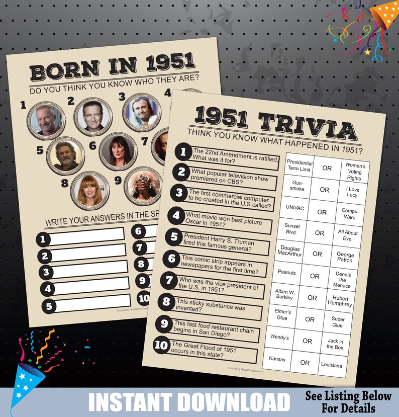 1951 Birthday Party Games, 1951 Party Trivia Games, Born in 1951 Trivia Game, Price Game, Name the Celebrity, Younger or Older, PRINTABLE image 2