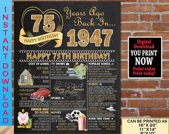 Instant Download Digital Printable File Cheers to 75 Years Gold /& White 75th Birthday Chalkboard Poster Sign CH035