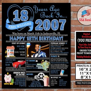 18th Birthday Poster | 2007 BLUE Photo 18th Birthday Sign | Party Decorations | 18th Birthday Gift for Her or Him | 2007 Personalized