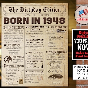 1948 Birthday NEWSPAPER | 1948 Birthday Poster  | 1948 Birthday Party Decoration Board  | AUTHENTIC Look Printable Poster | Instant Download