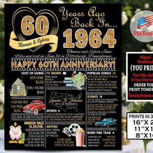 60th Wedding Anniversary Poster, 1964 Anniversary Sign, 60th Anniversary Party Sign, 60th Anniversary Gift Board, Personalized