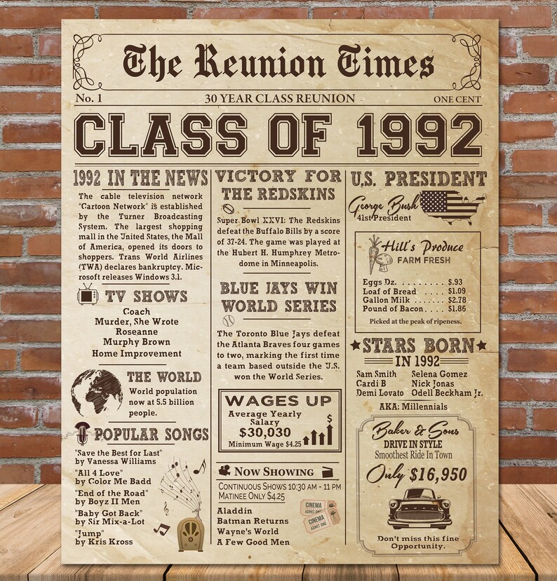 1992 Class Reunion NEWSPAPER Poster 30th Class Reunion - Etsy