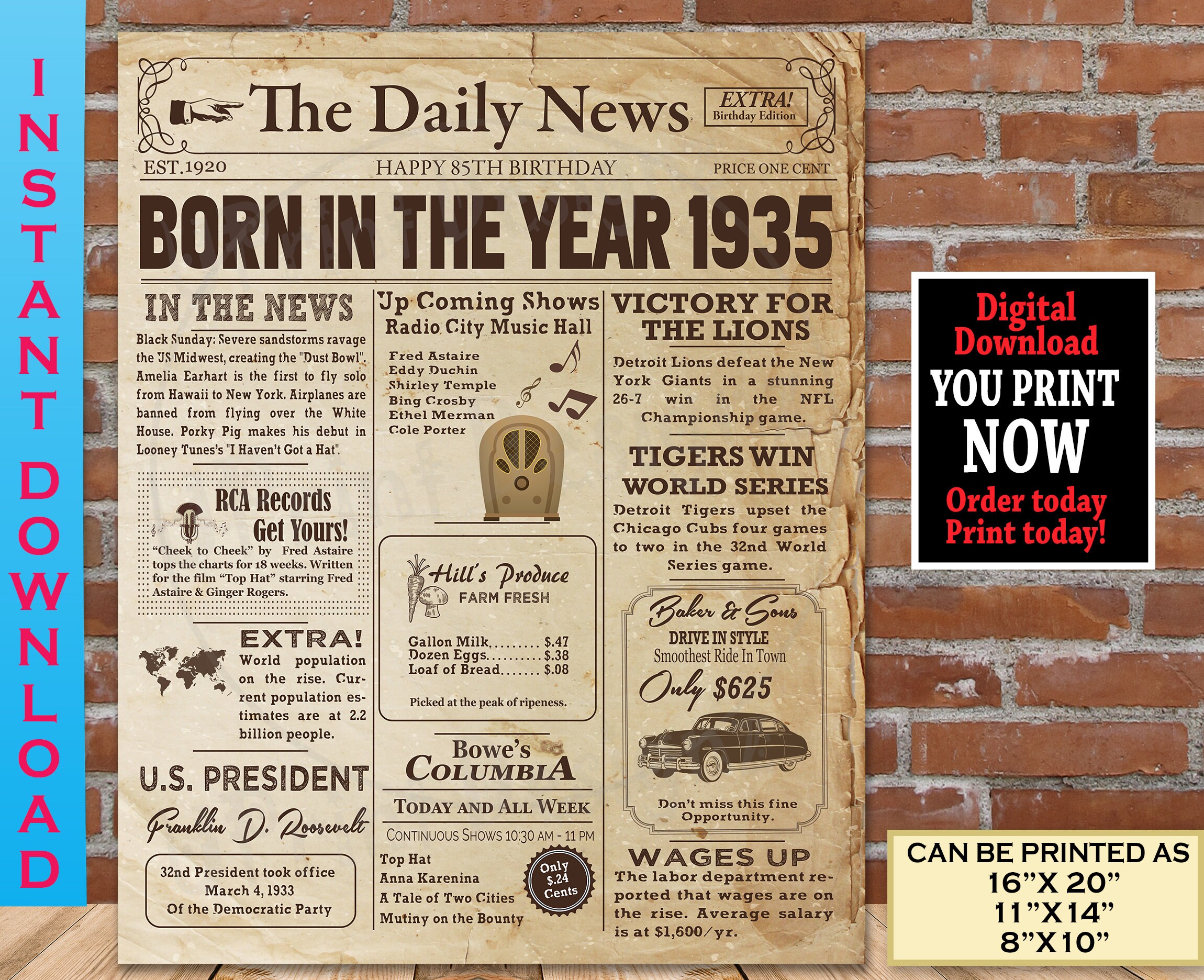 1935 Birthday NEWSPAPER Poster for 85th Birthday 1935 Facts | Etsy