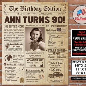 1934 90th Birthday NEWSPAPER Poster for 90th Birthday | 1934 Facts for 90th Adult Birthday | AUTHENTIC Look Printable Poster | Personalized