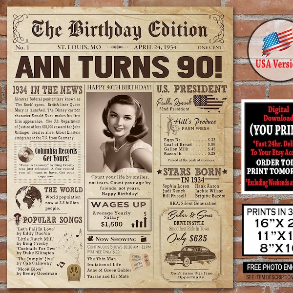 1934 90th Birthday NEWSPAPER Poster for 90th Birthday | 1934 Facts for 90th Adult Birthday | AUTHENTIC Look Printable Poster | Personalized