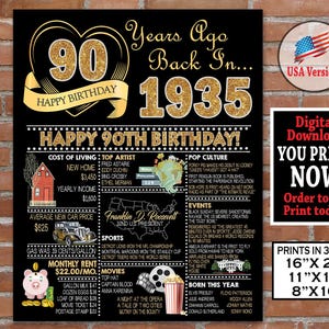 90th Birthday Poster, 1935 GOLD Birthday Poster Sign, 90th Birthday Decoration Gift for her or him - Back in Year 1935 Printable File