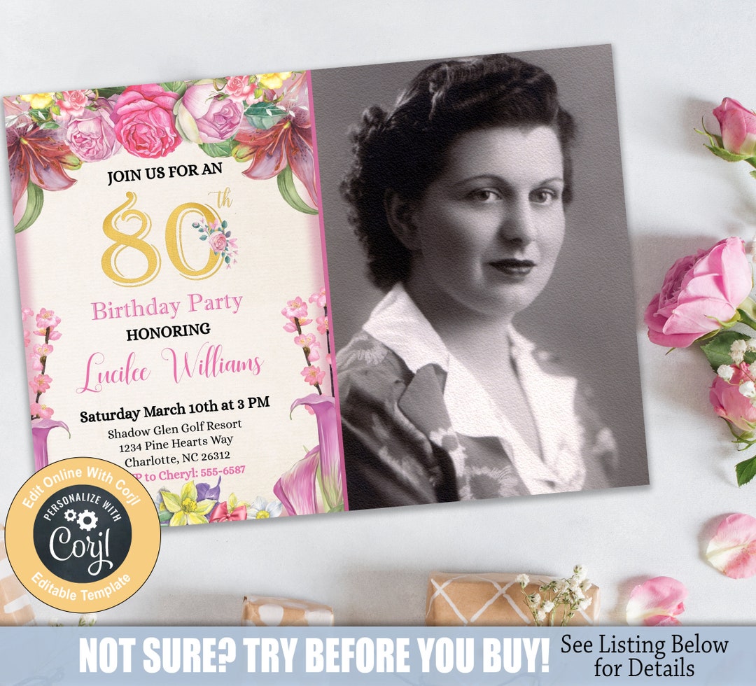 80th Birthday Invitation in Water Color Pink Flowers 1940 Birthday ...