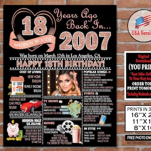 Affiche du 18e anniversaire | 2007 Plaque d'anniversaire photo OR ROSE | Décoration de fête | Cadeau 18e anniversaire pour elle ou pour lui | Né en 2007 Personnalisé
