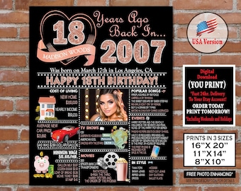 18th Birthday Poster, 18 Years Ago Back In 2007, Graduation Gift Idea, Anniversary Party Decoration, 18th Poster Gift, Instant Download - UK - Foto 11