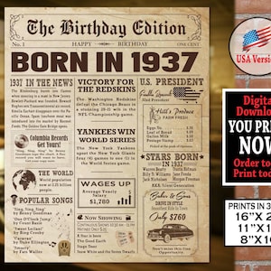 Afiche de periódico de cumpleaños de 1937, datos sobre el cumpleaños de 1937, letrero de fiesta de 1937, nacido en 1937, póster imprimible de aspecto AUTÉNTICO / descarga instantánea