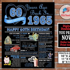 1965 60th Birthday Decoration Sign | Blue Glitter Birthday Poster | Born in 1965 Gift for Him or Her | Personalized Instant Digital Download