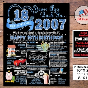 18. Geburtstag Poster | 2007 BLAUes 18.Geburtstagsschild | Party Dekoration | Geschenk zum 18.Geburtstag für Sie oder Ihn | 2007 Zeichen | Personalisiert