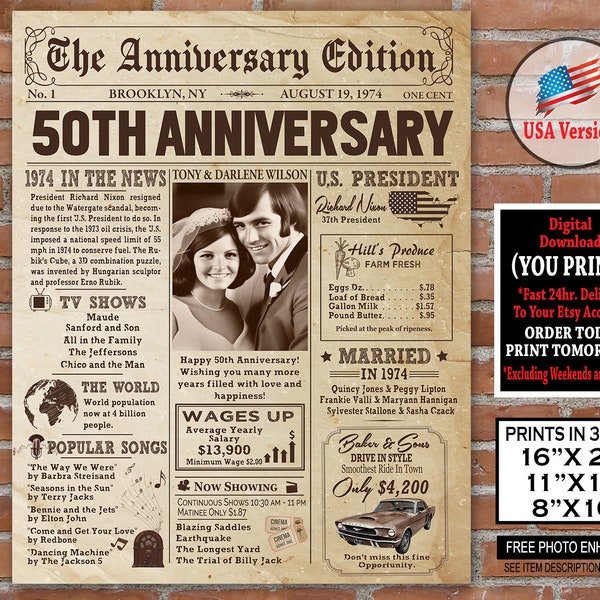 50th Anniversary 1974 Newspaper Photo Poster, 1974 Anniversary Gift, 50th Anniversary Party Sign, 50th Gold Anniversary Board, Personalized