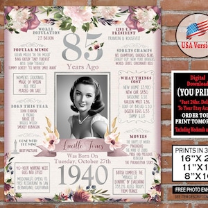 Cartaz de 85º aniversário, flor de aniversário de 1940 - placa de prata, quadro de presente de aniversário de 85º adulto - nascido em 1940, arquivo digital personalizado para impressão