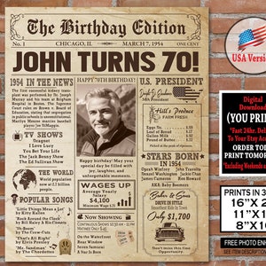 70th Birthday Newspaper Sign, 1954 Birthday Gift for a Man or Woman, 70 Years Ago, What Happened in 1954, Personalized Poster