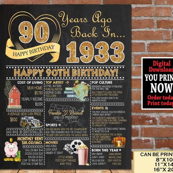 presents 90 year old lady 90th Birthday Poster, 1933 GOLD Birthday Poster Sign, 90th Birthday Decoration Gift for her or him - Back in Year 1933 Printable File