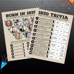 1930 Birthday Party Games, 1930 Party Trivia Games, Born in 1930 Trivia ...