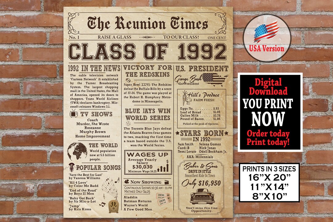 1992 Class Reunion NEWSPAPER Poster 1992 Class Reunion 1992 Facts for Class Reunion AUTHENTIC ...