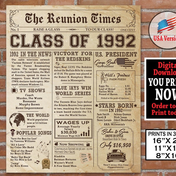1992 Class Reunion NEWSPAPER Poster | 1992 Class Reunion | 1992 Facts for Class Reunion AUTHENTIC Look Class of 1992 | Instant Download