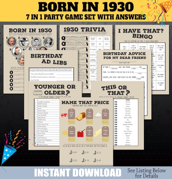 1930 Birthday Party Games 1930 Party Trivia Games Born in | Etsy