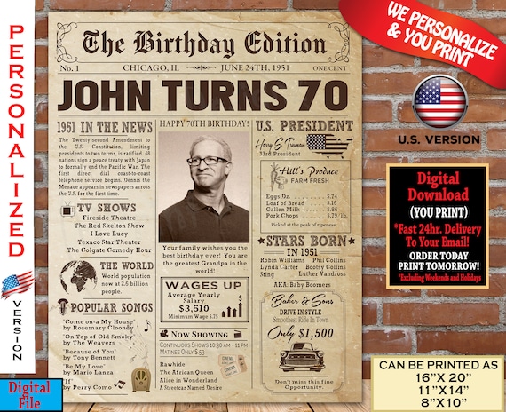 70. Geburtstag Zeitung Poster Zeichen 1951 Geburtstag 70 Etsy