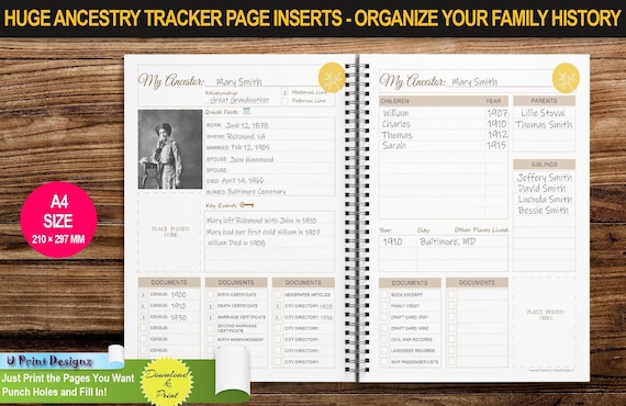 Ancestry Tracker A4 PAPER SIZE Genealogy Planner Inserts Printable With  Family Tree Pages, Organizer, to Find List and Much More 