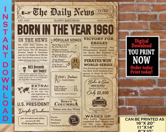 1960 Birthday NEWSPAPER Poster | 1960 Facts for Adult Birthday | AUTHENTIC Look Back in 1960 Printable Birthday Poster | Instant Download
