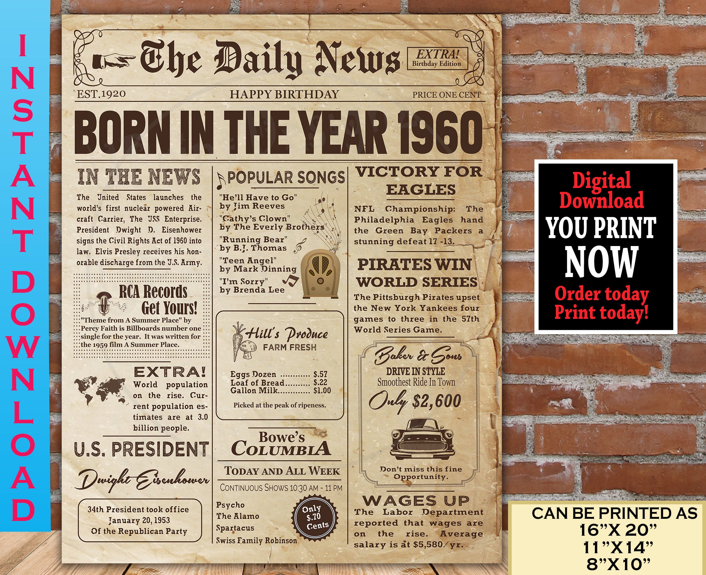 1960 Birthday NEWSPAPER Poster 1960 Facts for Adult Birthday - Etsy Canada