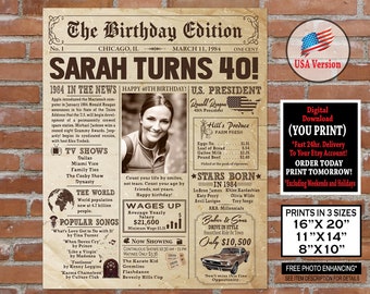 40th Birthday Newspaper Poster Sign, 1984 Birthday Gift for him or her, Birthday Party Sign back in 1984, 40th Birthday Decoration PRINTABLE