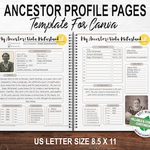Formulario de genealogía Página de perfil de antepasado / Plantilla imprimible de Canva / Tamaño CARTA 8,5" x 11" / Plantilla de historia familiar personalizable y editable