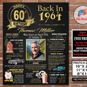 60th Birthday Poster, 1964 Birthday Sign, Gold 60th Adult Birthday Gift for him or her, 1964 Personalized Year You Were Born - Digital File