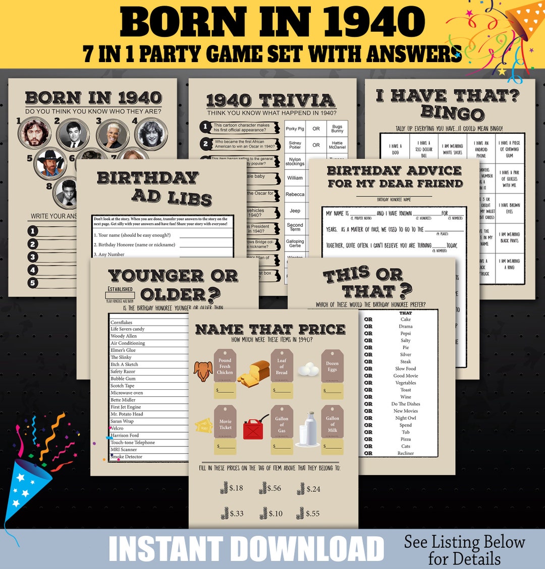 1940 Birthday Party Games, 1940 Birthday Party Trivia Game, Born in ...