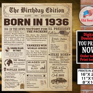Manifesto del GIORNALE di compleanno del 1936 per il compleanno del 1936, fatti per il compleanno del 1936, nato nel 1936, poster stampabile dall'aspetto AUTENTICO / download immediato
