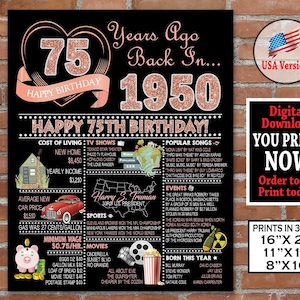 75th Birthday Poster, 1950 Rose Gold Glitter Birthday Sign, 75th Adult Birthday Gift, Born in 1950, Digital Printable File