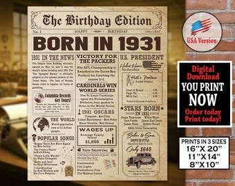 1931 Birthday NEWSPAPER Poster | 1931 Birthday Sign | 1931 Adult Birthday | AUTHENTIC Look Printable Poster | Instant Download