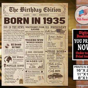1935 年誕生日新聞ポスター | 1935 年成人誕生日の事実 | 本物の外観の印刷可能な新聞ポスター | すぐにダウンロード