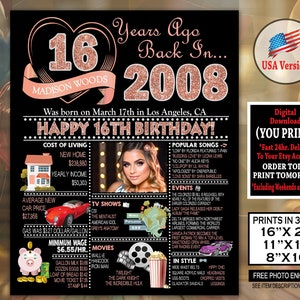 16th Birthday Photo Poster, 2008 Personalized ROSE GOLD Birthday Sign, Sweet 16th Birthday Party Decoration, 16th Birthday 2008 Personalized