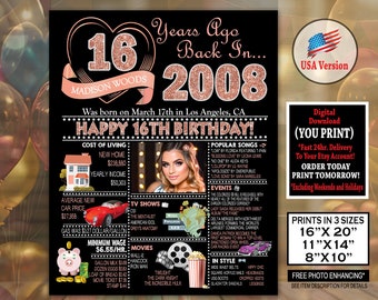 16th Birthday Photo Poster, 2008 Personalized ROSE GOLD Birthday Sign, Sweet 16th Birthday Party Decoration, 16th Birthday 2008 Personalized