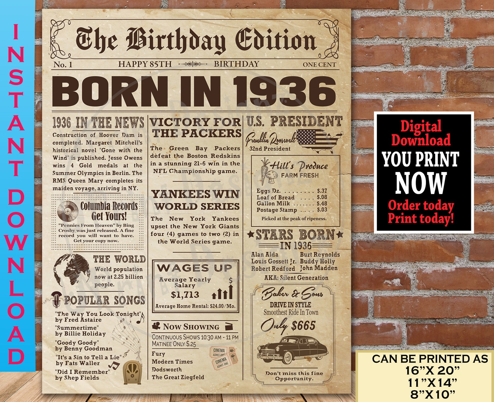 85th Birthday NEWSPAPER Poster for 1936 Birthday Facts for | Etsy