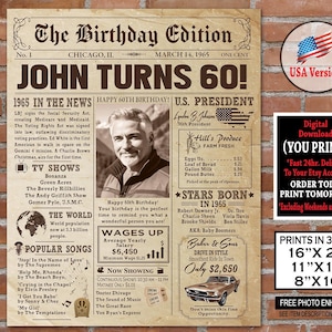 1965 60th Birthday Poster | Newspaper Birthday Sign | 60th Party Decoration | Born in 1965 Events | Personalized 60th Birthday Gift