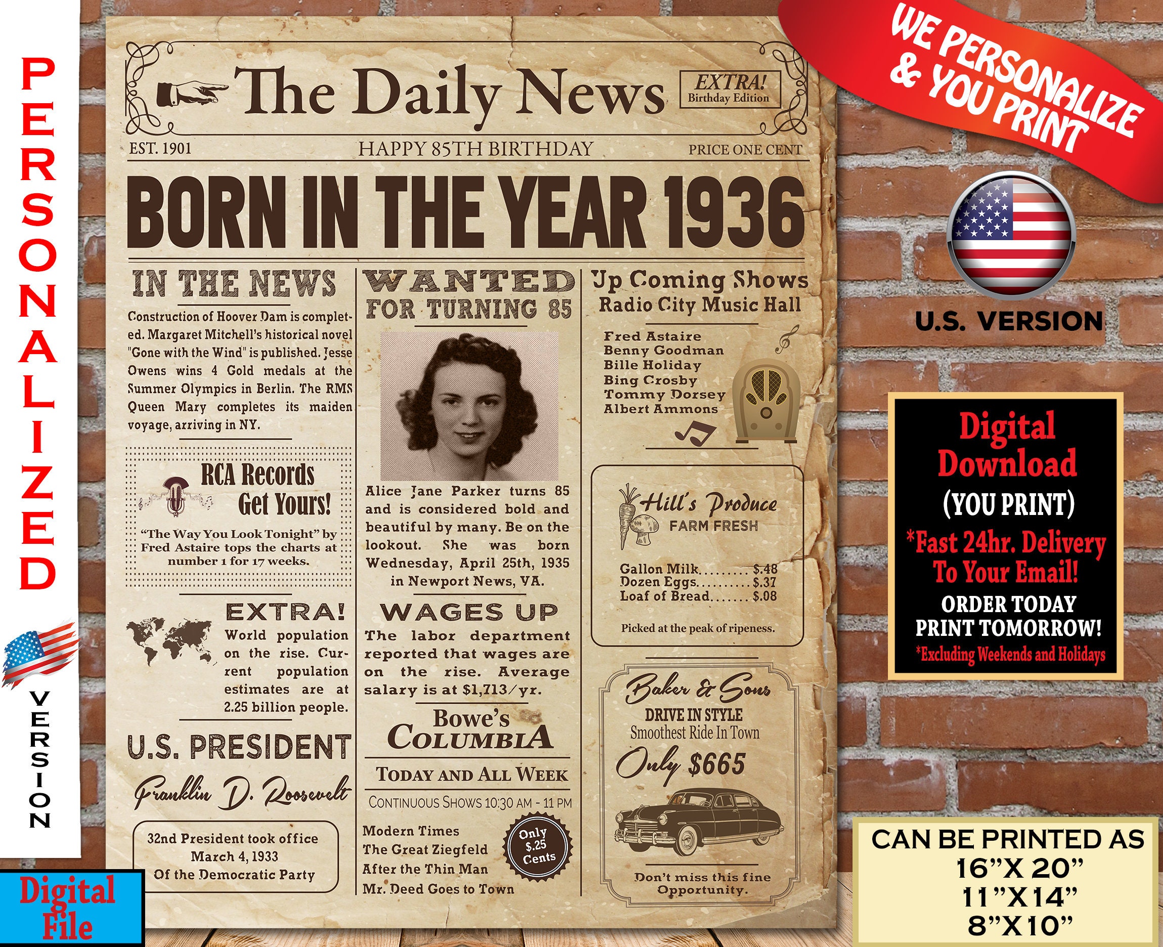 85th Birthday NEWSPAPER Poster for 1936 Birthday Facts for | Etsy