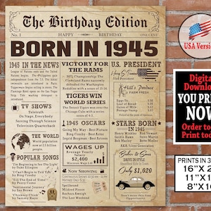 80th Birthday NEWSPAPER Poster for 1945 Birthday, Facts for 80th Birthday, Born in 1945, AUTHENTIC Look Printable Poster | Instant Download