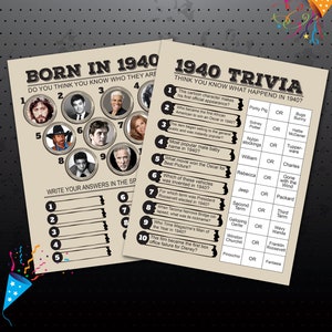 1940 Birthday Party Games, 1940 Birthday Party Trivia Game, Born in ...