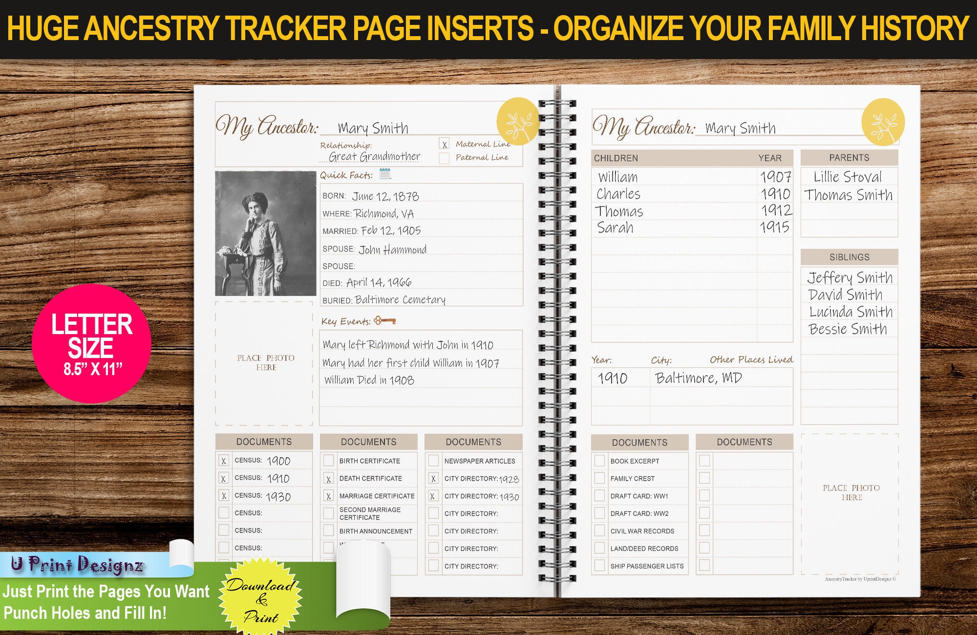 Genealogy Tracker | LETTER SIZE 8.5" x11" | Ancestry Printable Planner Insert Pages with Family Tree, Family Story, Census Pages and More