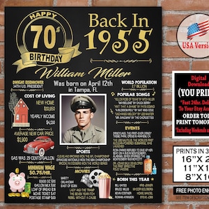 Poster per il 70° compleanno, decorazione per la festa di compleanno del 1955, regalo per il 70° compleanno per lei o per lui, cartello dorato - Ritorno all'anno 1955 Download digitale
