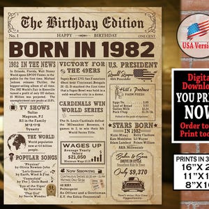 1982 Birthday Newspaper Poster, 1982 Birthday Party Decoration Sign, 1982 Birthday Gift for Man or Woman- Born in Year 1982 Digital Download