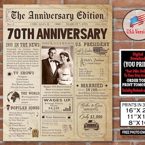 Póster de aniversario de 1955, póster fotográfico personalizado del 70.° aniversario de platino, cartel de fiesta del 70.° aniversario de 1955, tablero de regalo del 70.° aniversario